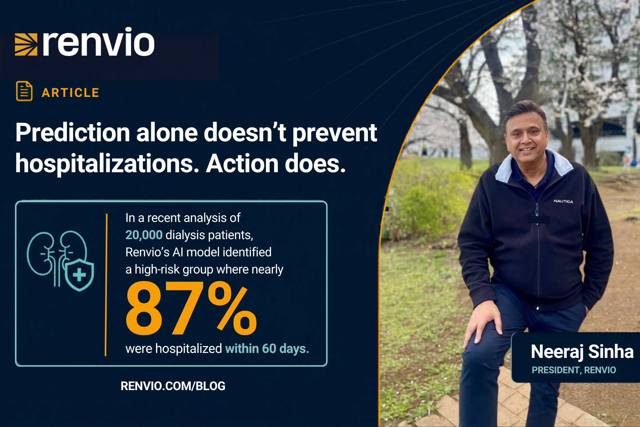 Neeraj Sinha featured with Renvio hospitalization prediction data showing that nearly 87% of high-risk dialysis patients were hospitalized within 60 days.