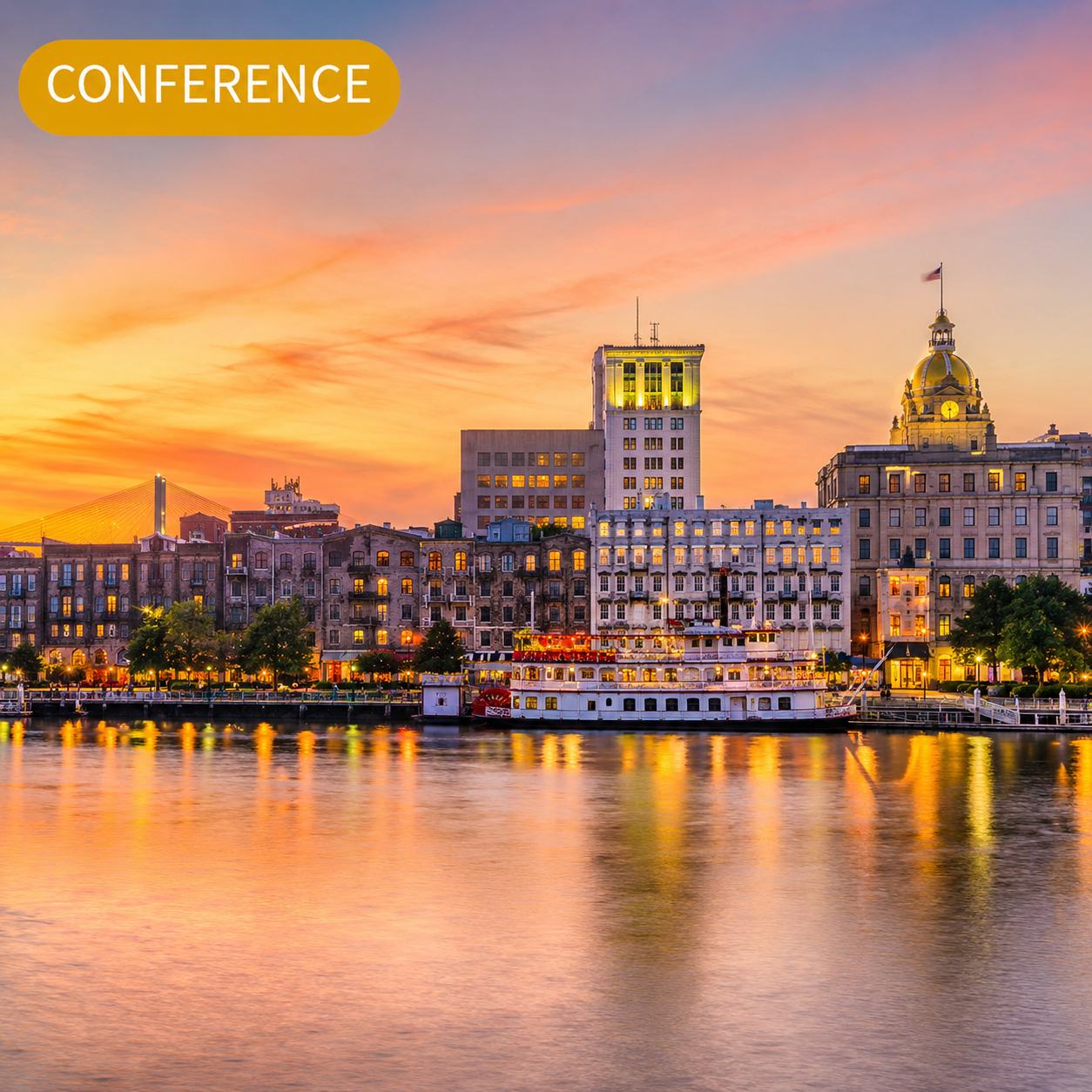 Savannah waterfront at sunset with conference label for the RHA Annual Conference 2026