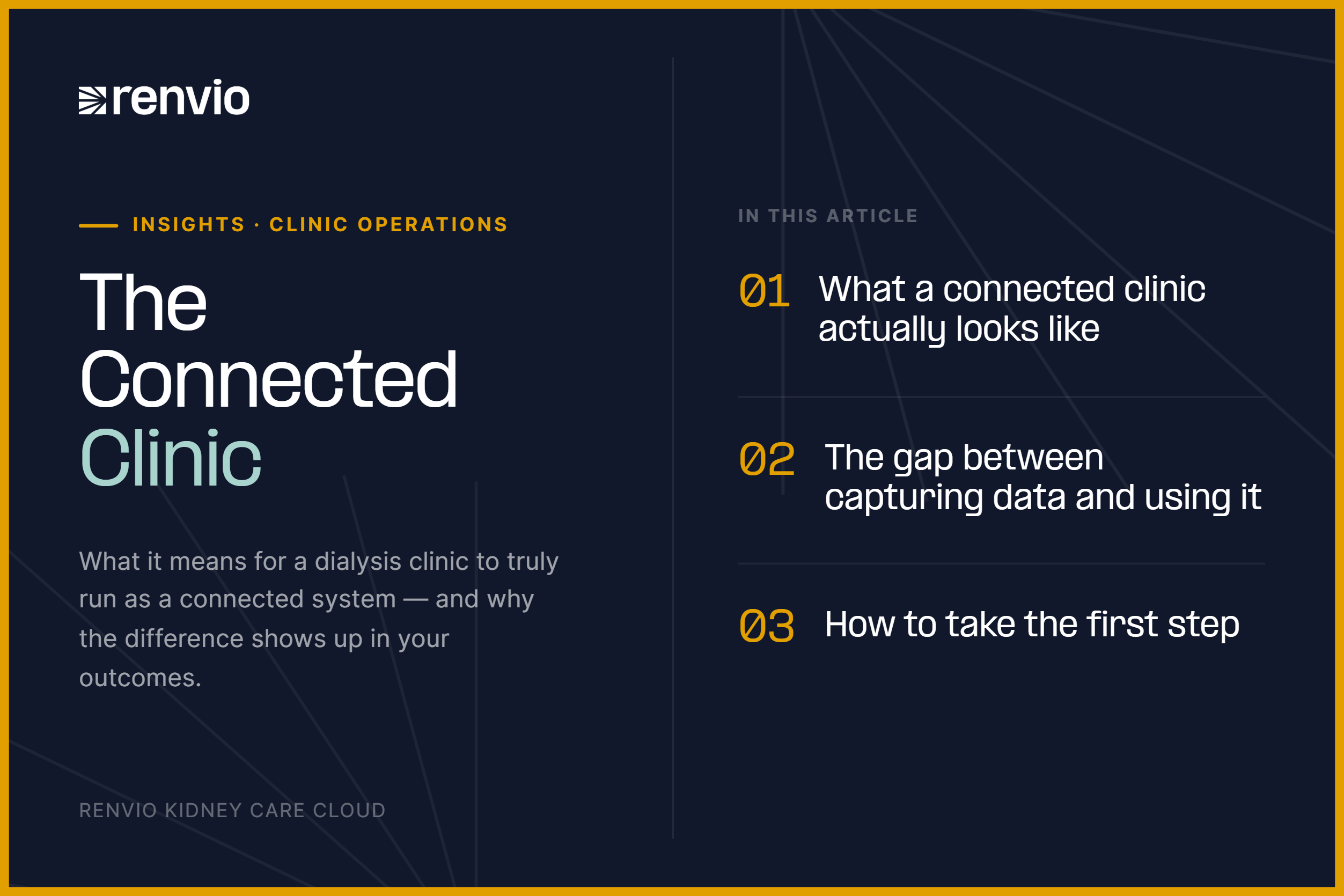 Connected dialysis clinic article header showing treatment data, clinic operations, and performance visibility working together